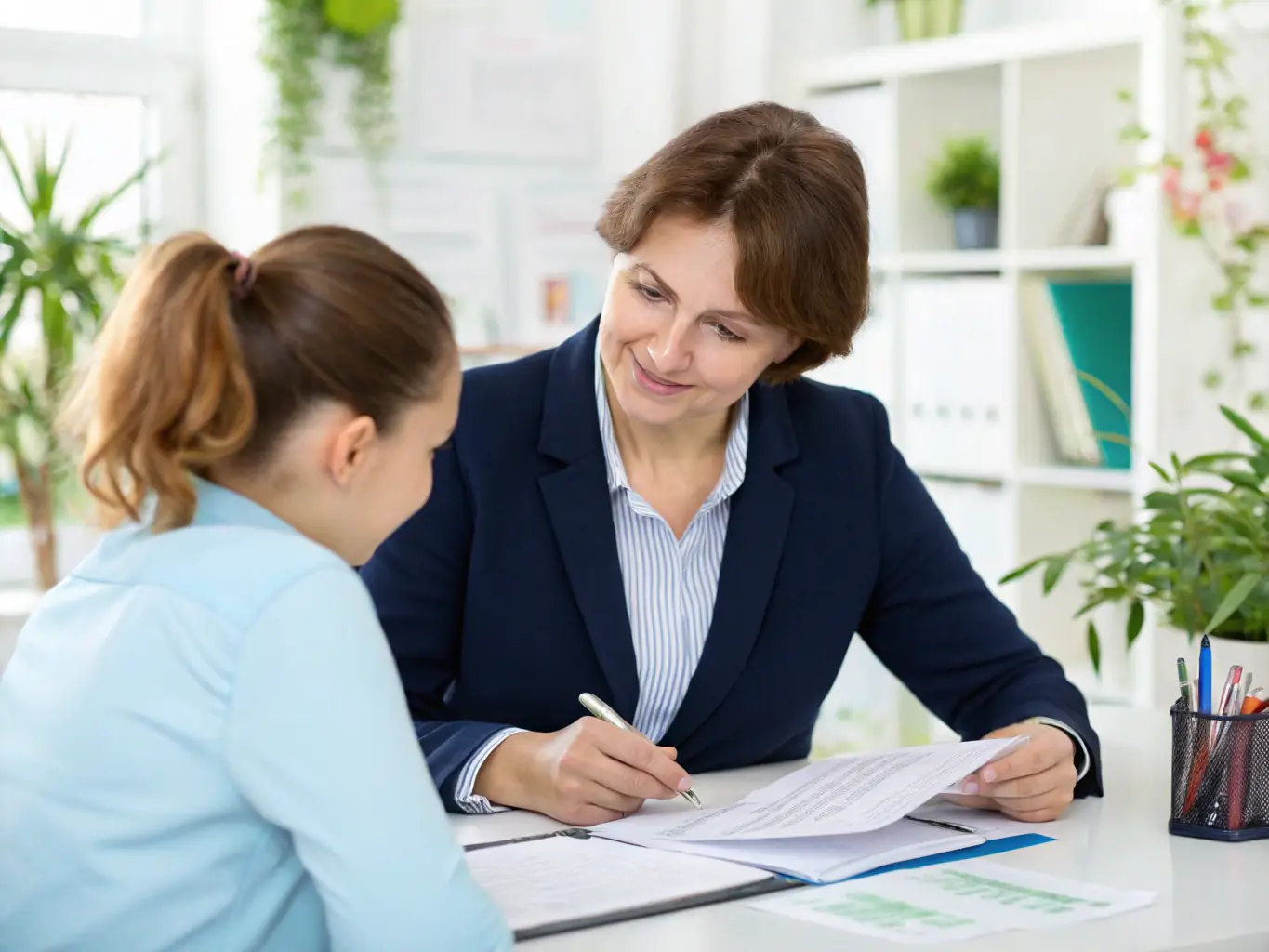 An image of a professional accountant reviewing tax documents with a client in a well-lit office, symbolizing tax preparation services.