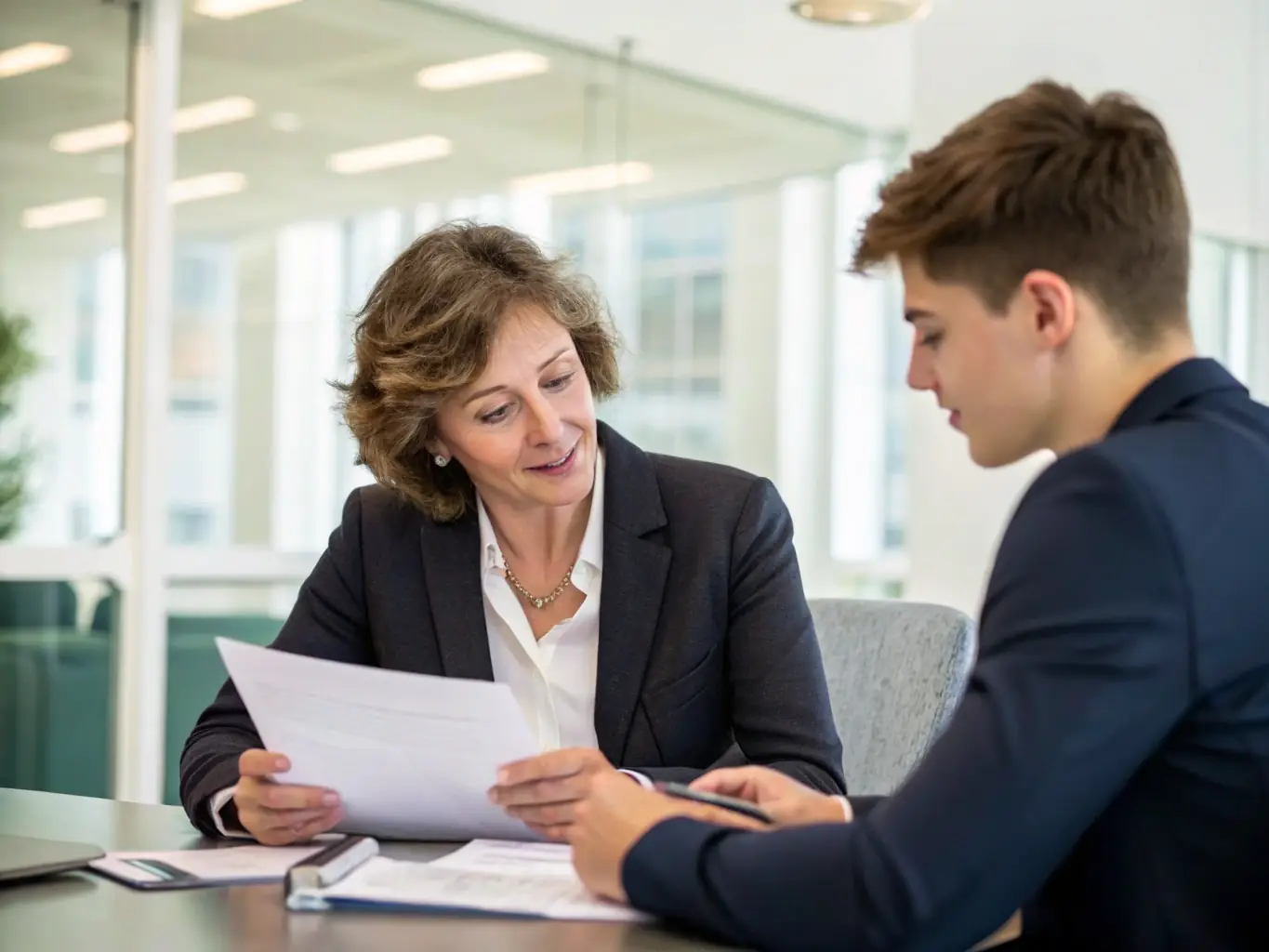 An image of a professional discussing documents with a client, with a government building in the background, representing tax controversy resolution.